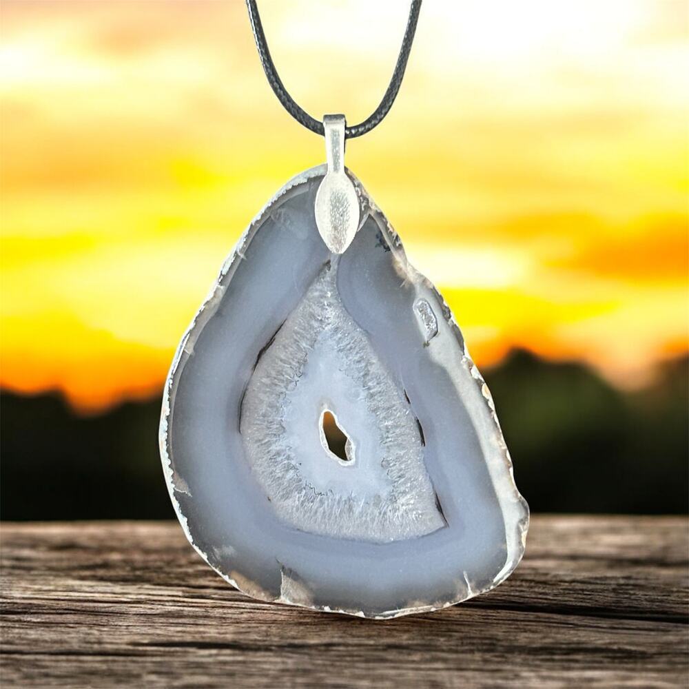 Natural Agate Slice Pendant with Void & Cord Necklace